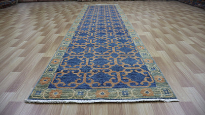 12 Ft Oriental Runner Rug, Blue Afghan Hand Knotted Wool Traditional Rectangle Carpet, Entryway Rug, Hallway Rug, Kitchen Rug, Foyer Rug