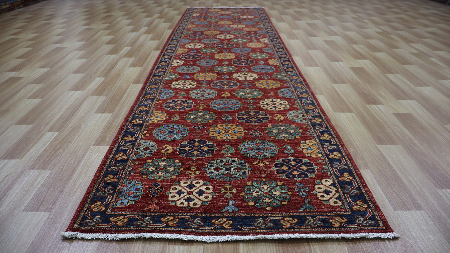 10 Ft Floral Runner Rug, Red Blue Afghan Hand Knotted Wool Traditional Rectangle Carpet, Entryway Rug, Hallway Rug, Kitchen Rug, Foyer Rug