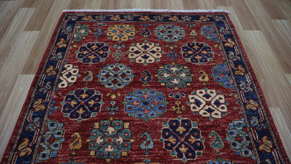 10 Ft Floral Runner Rug, Red Blue Afghan Hand Knotted Wool Traditional Rectangle Carpet, Entryway Rug, Hallway Rug, Kitchen Rug, Foyer Rug