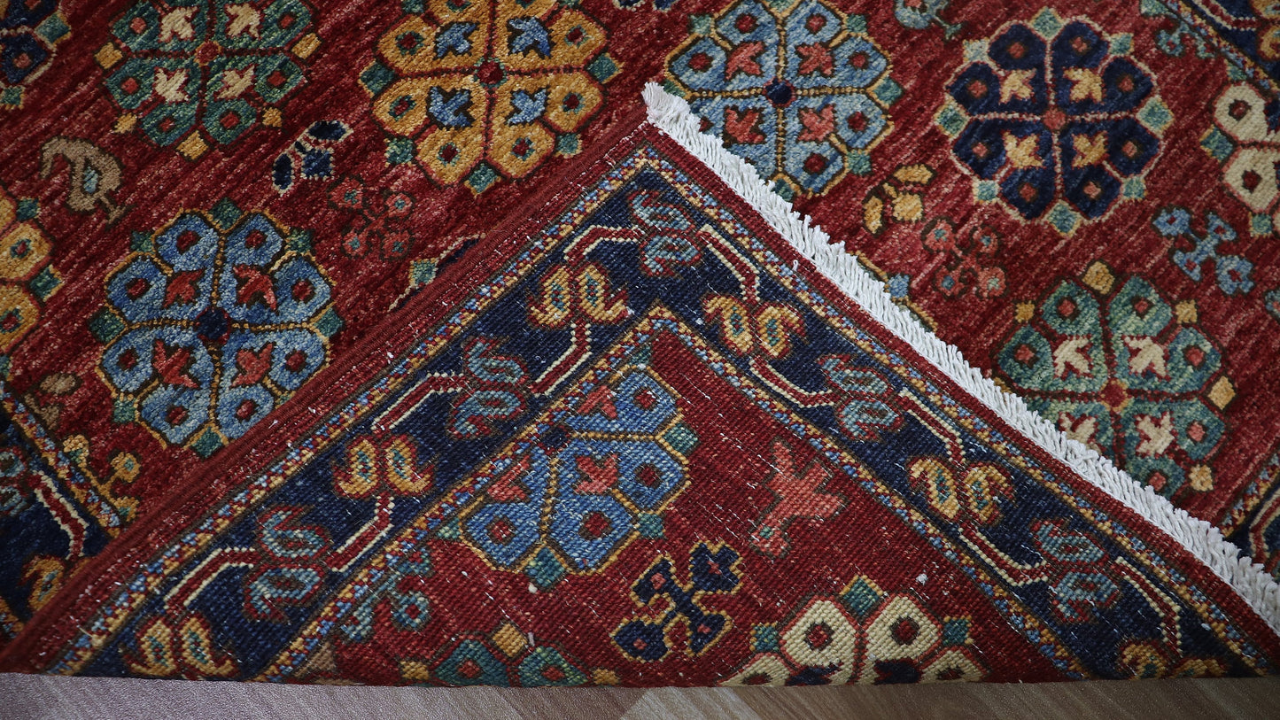 10 Ft Floral Runner Rug, Red Blue Afghan Hand Knotted Wool Traditional Rectangle Carpet, Entryway Rug, Hallway Rug, Kitchen Rug, Foyer Rug