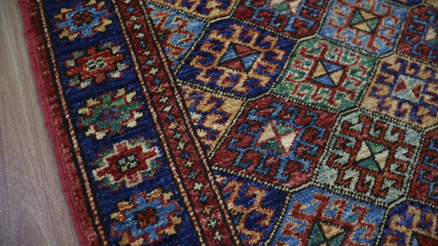 10 Ft Oriental Runner Rug, Red Blue Afghan Hand Knotted Wool Traditional Rectangle Carpet, Entryway Rug, Hallway Rug, Kitchen Rug, Foyer Rug