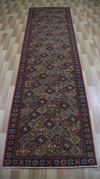 10 Ft Oriental Runner Rug, Red Blue Afghan Hand Knotted Wool Traditional Rectangle Carpet, Entryway Rug, Hallway Rug, Kitchen Rug, Foyer Rug