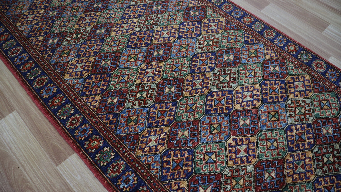 10 Ft Oriental Runner Rug, Red Blue Afghan Hand Knotted Wool Traditional Rectangle Carpet, Entryway Rug, Hallway Rug, Kitchen Rug, Foyer Rug