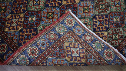 10 Ft Oriental Runner Rug, Red Blue Afghan Hand Knotted Wool Traditional Rectangle Carpet, Entryway Rug, Hallway Rug, Kitchen Rug, Foyer Rug