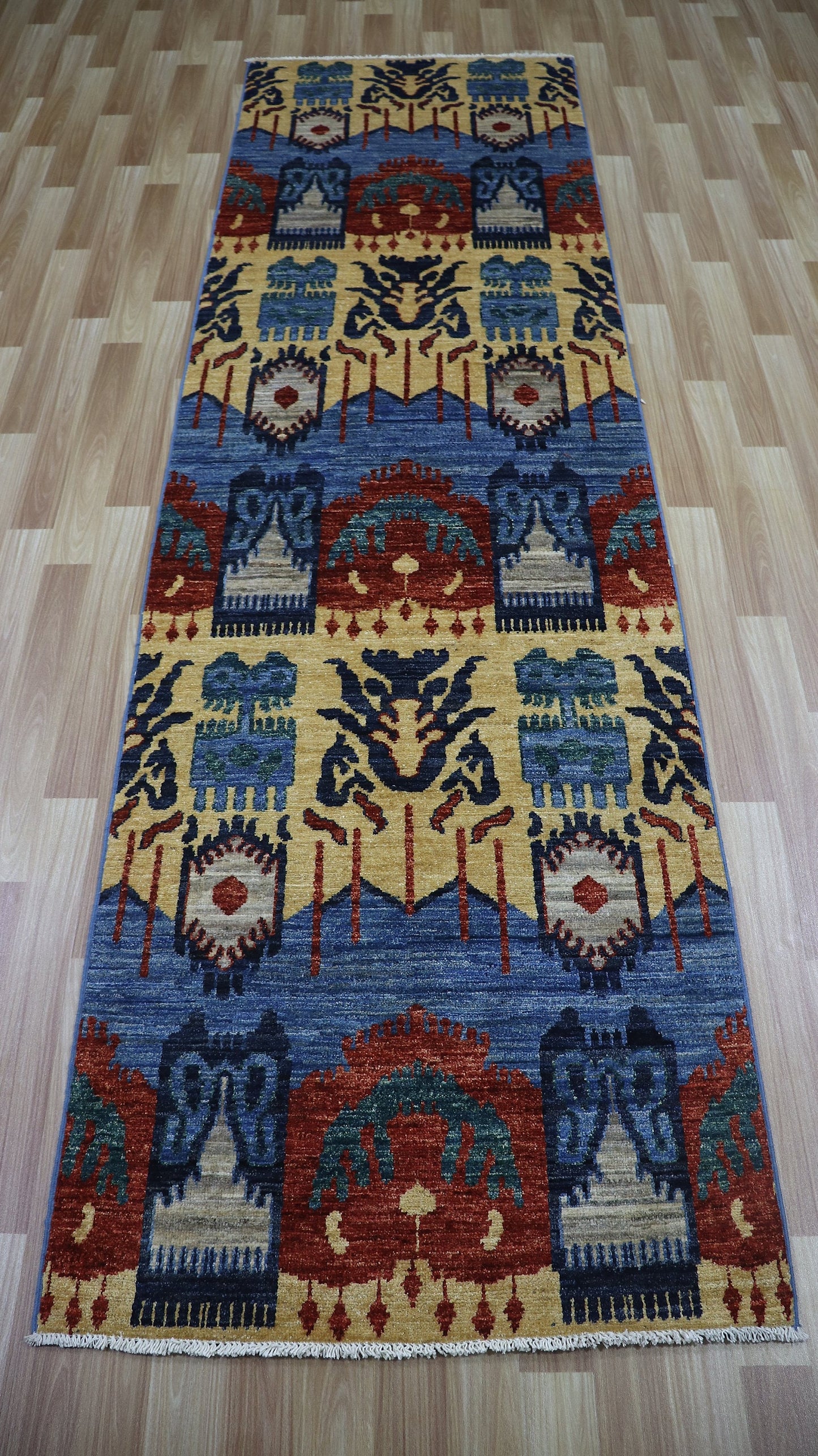 10 Ft Tribal Runner Rug, Blue Afghan Hand Knotted Wool Traditional Rectangle Carpet, Entryway Rug, Hallway Rug, Kitchen Rug, Foyer Rug