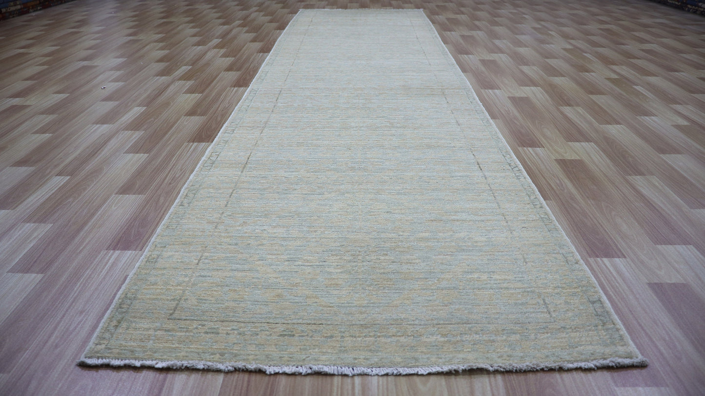 11 Ft Transitional Runner Rug, Beige Afghan Hand Knotted Wool Abstract Rectangle Carpet, Entryway Rug, Hallway Rug, Kitchen Rug, Foyer Rug