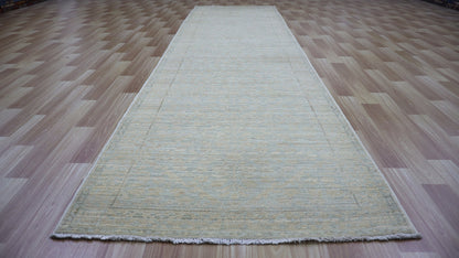 11 Ft Transitional Runner Rug, Beige Afghan Hand Knotted Wool Abstract Rectangle Carpet, Entryway Rug, Hallway Rug, Kitchen Rug, Foyer Rug