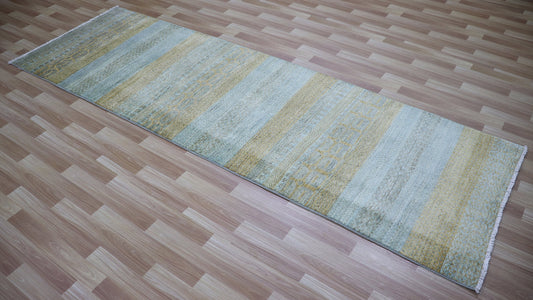 10 Ft Striped Runner Rug, Blue Afghan Hand Knotted Wool Transitional Rectangle Carpet, Entryway Rug, Hallway Rug, Kitchen Rug, Foyer Rug