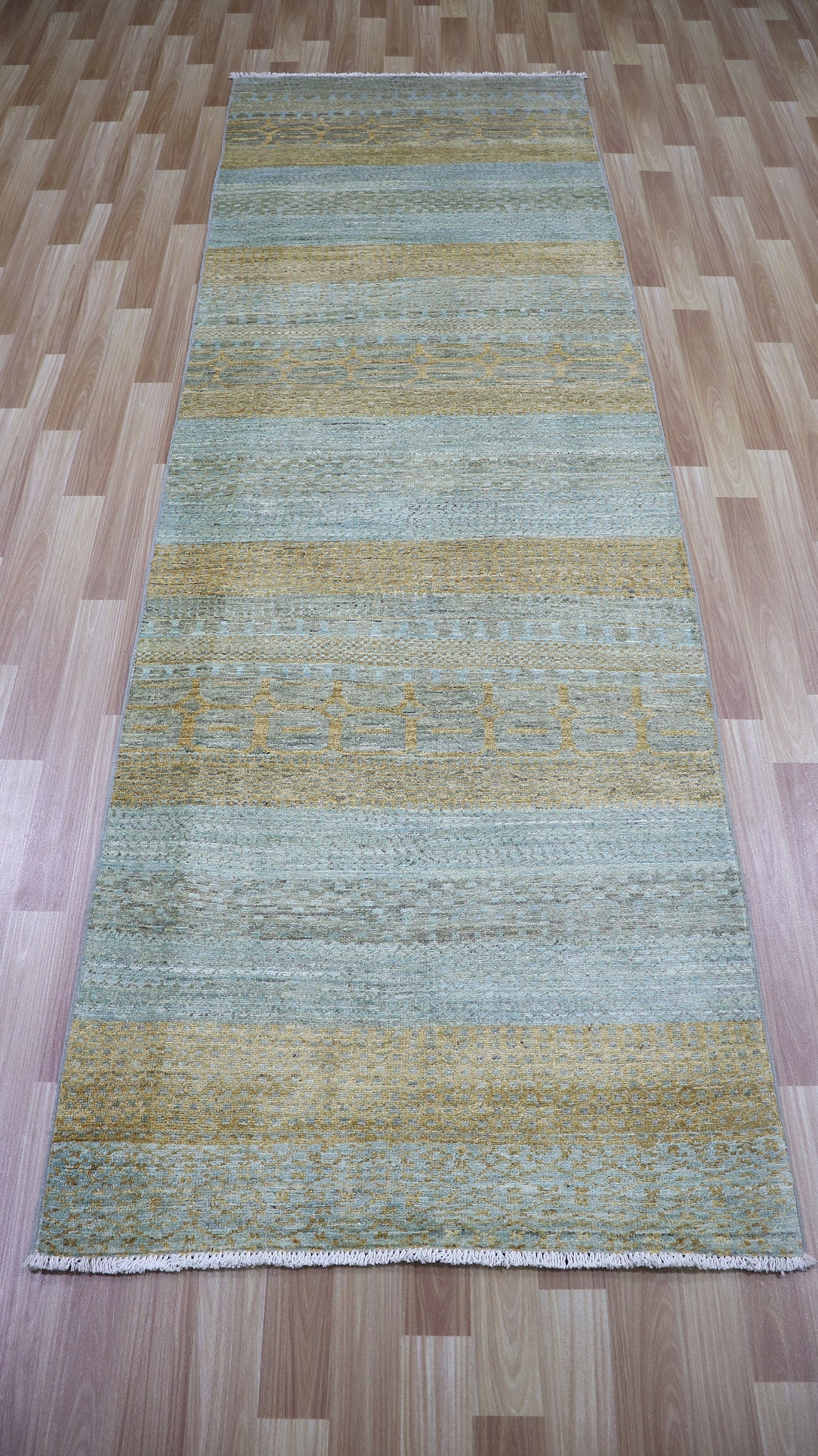 10 Ft Striped Runner Rug, Blue Afghan Hand Knotted Wool Transitional Rectangle Carpet, Entryway Rug, Hallway Rug, Kitchen Rug, Foyer Rug