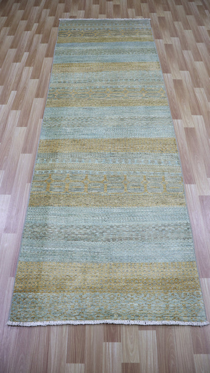 10 Ft Striped Runner Rug, Blue Afghan Hand Knotted Wool Transitional Rectangle Carpet, Entryway Rug, Hallway Rug, Kitchen Rug, Foyer Rug