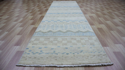 10 Ft Striped Runner Rug, Beige Afghan Hand Knotted Wool Transitional Rectangle Carpet, Entryway Rug, Hallway Rug, Kitchen Rug, Foyer Rug