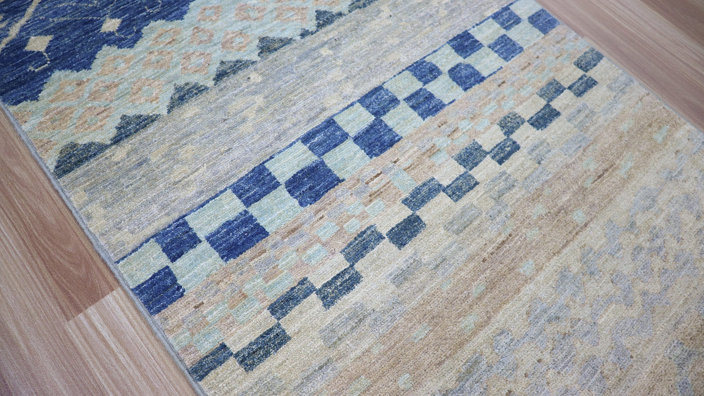 9 Ft Striped Runner Rug, Beige Blue Afghan Hand Knotted Wool Traditional Rectangle Carpet, Entryway Rug, Hallway Rug, Kitchen Rug, Foyer Rug