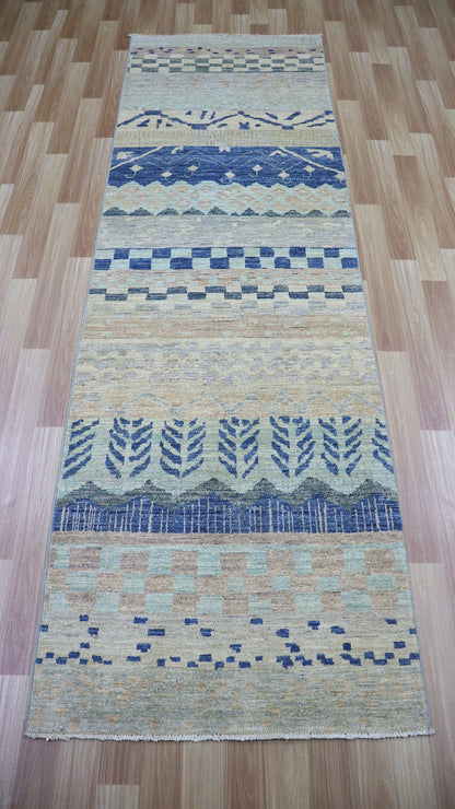 9 Ft Striped Runner Rug, Beige Blue Afghan Hand Knotted Wool Traditional Rectangle Carpet, Entryway Rug, Hallway Rug, Kitchen Rug, Foyer Rug