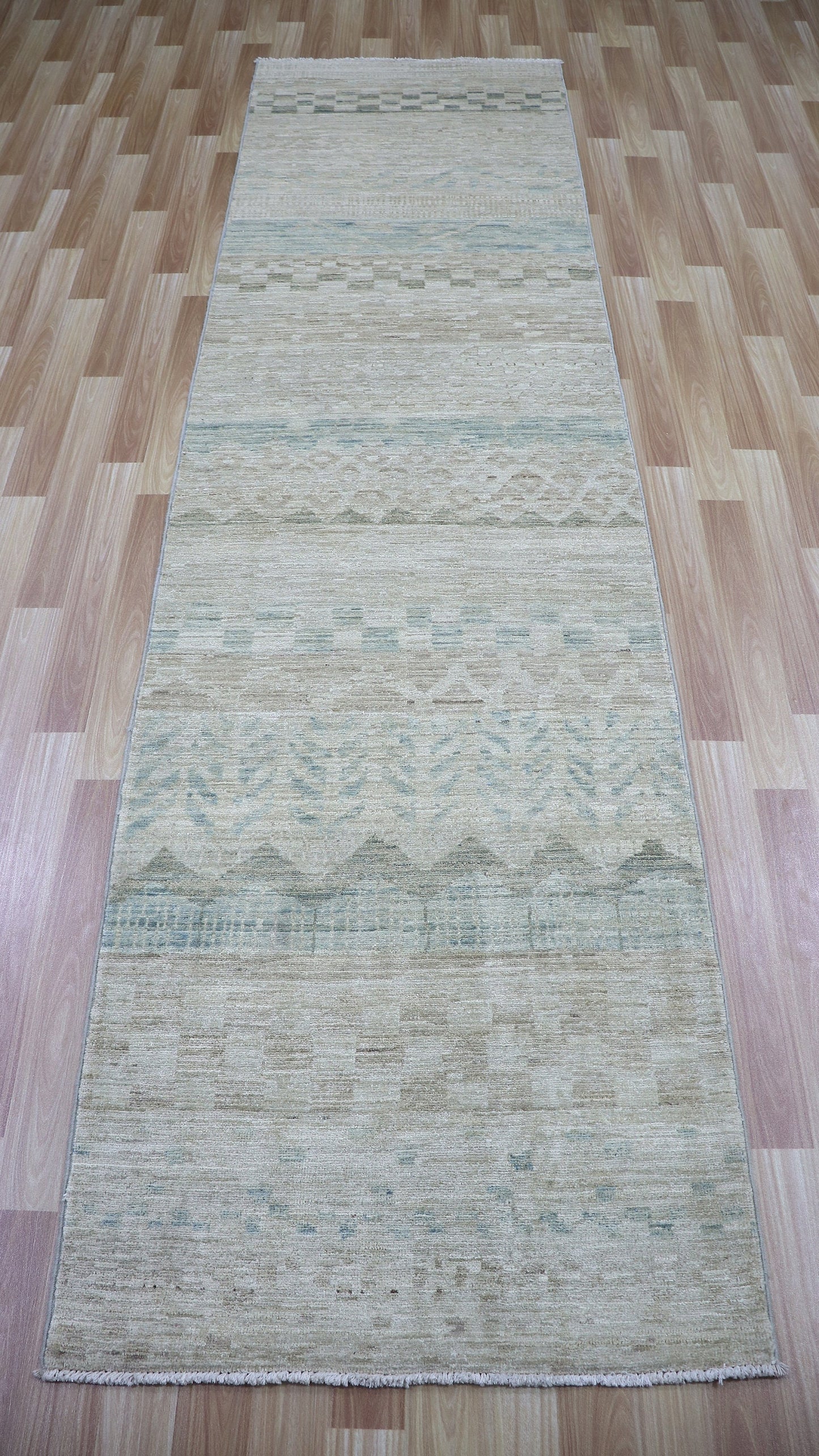 10 Ft Transitional Runner Rug, Beige Afghan Hand Knotted Wool Abstract Rectangle Carpet, Entryway Rug, Hallway Rug, Kitchen Rug, Foyer Rug