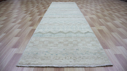 10 Ft Transitional Runner Rug, Beige Afghan Hand Knotted Wool Abstract Rectangle Carpet, Entryway Rug, Hallway Rug, Kitchen Rug, Foyer Rug