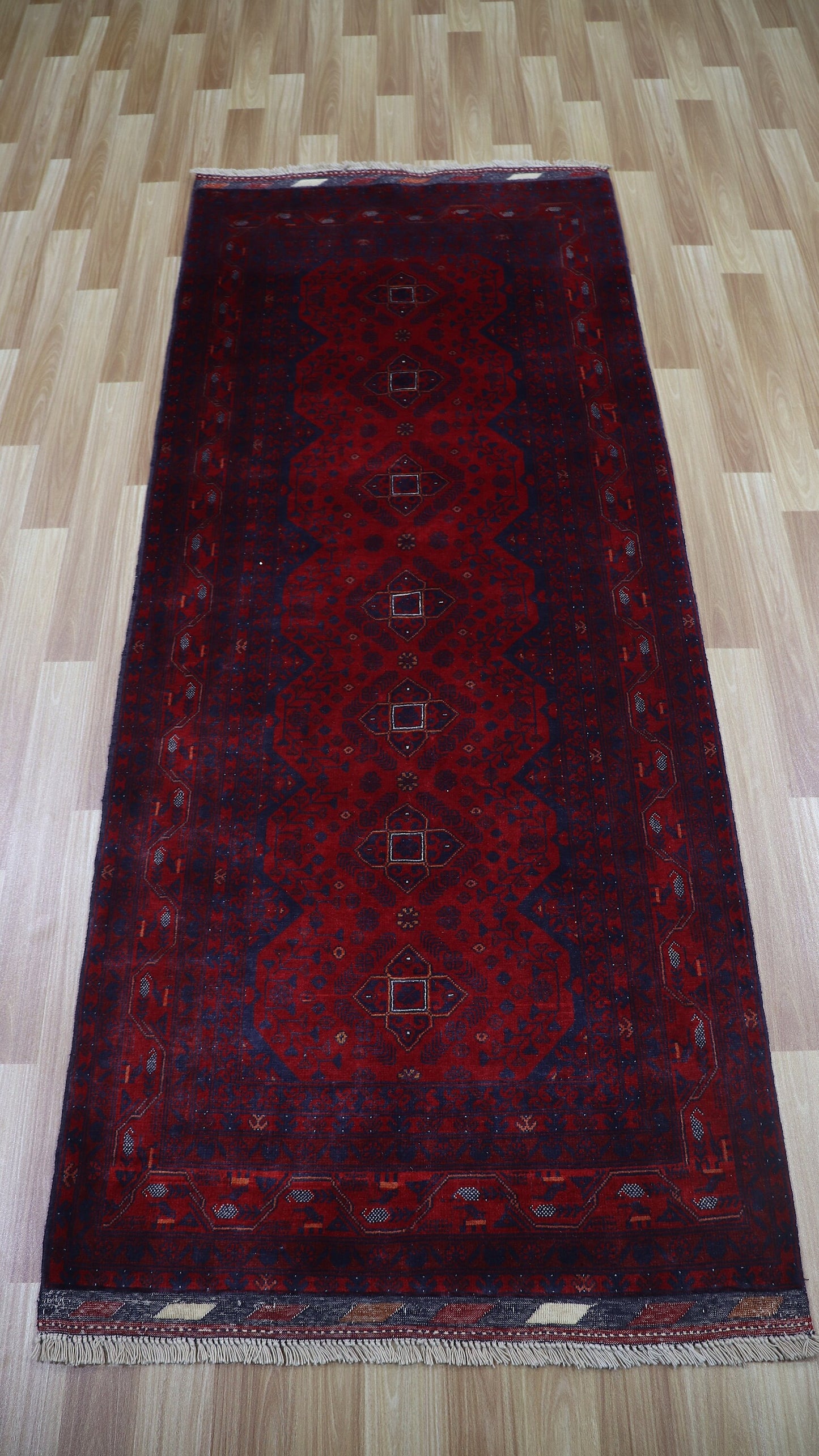 7 Ft Bokhara Runner Rug, Red Afghan Hand Knotted Wool Traditional Rectangle Carpet, Entryway Rug, Hallway Rug, Kitchen Rug, Foyer Rug