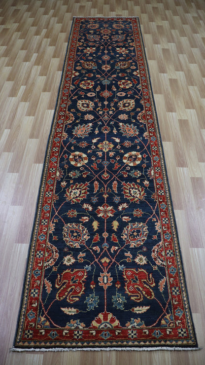 11 Ft Bidjar Runner Rug, Blue Red Afghan Hand Knotted Wool Traditional Rectangle Carpet, Entryway Rug, Hallway Rug, Kitchen Rug, Foyer Rug